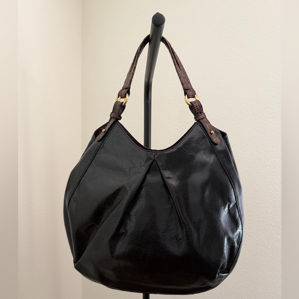 Brahmin Black Leather Slouchy Hobo Shoulder Bag Croc Embossed Handles